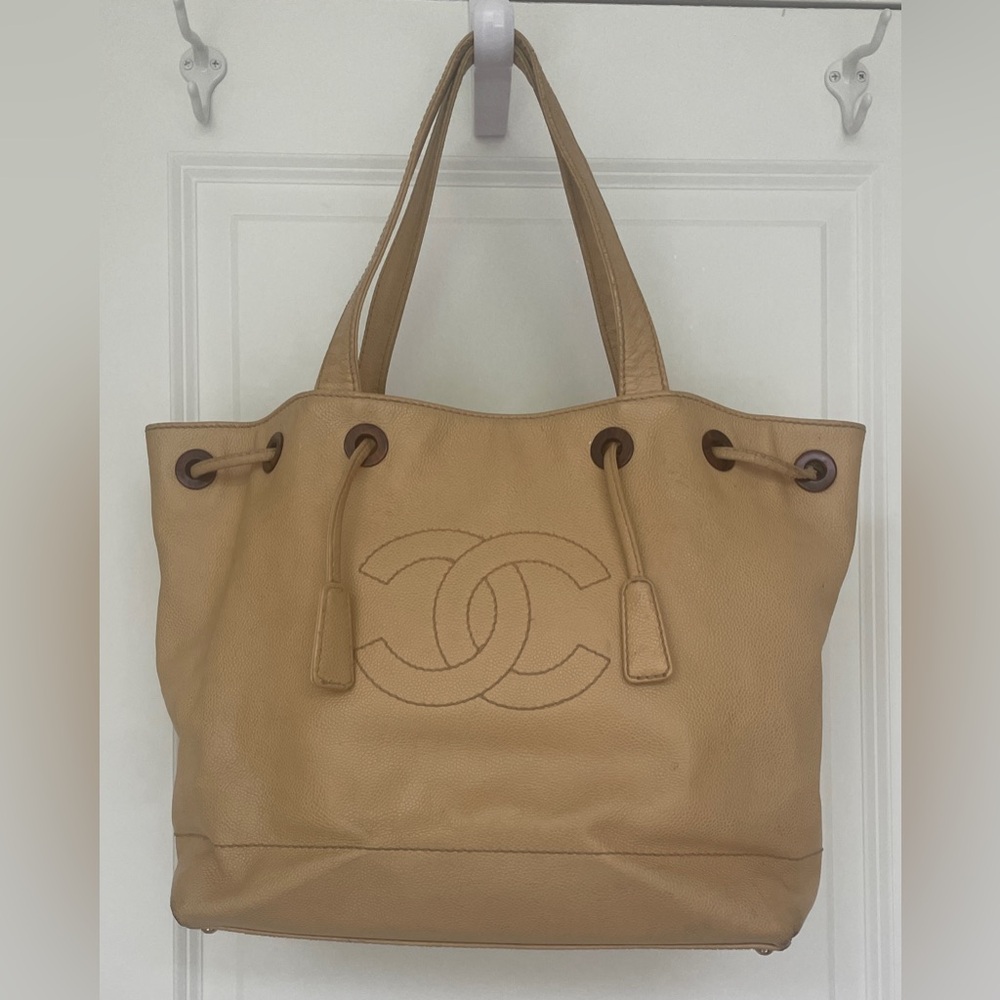 Chanel Tan Deca Coco Caviar Skin Tote Bag Drawstring with Grommet Details Chic